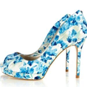 Karen Millen Peep Toe Platform Heels – Blue Floral, UK 39 / US 8.5